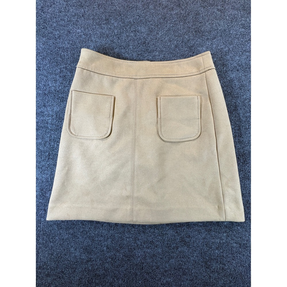 Loft Tan Faux Suede A-Line Mini Skirt Womens Size 4 Camel Front Pockets Zip Back - Picture 1 of 10